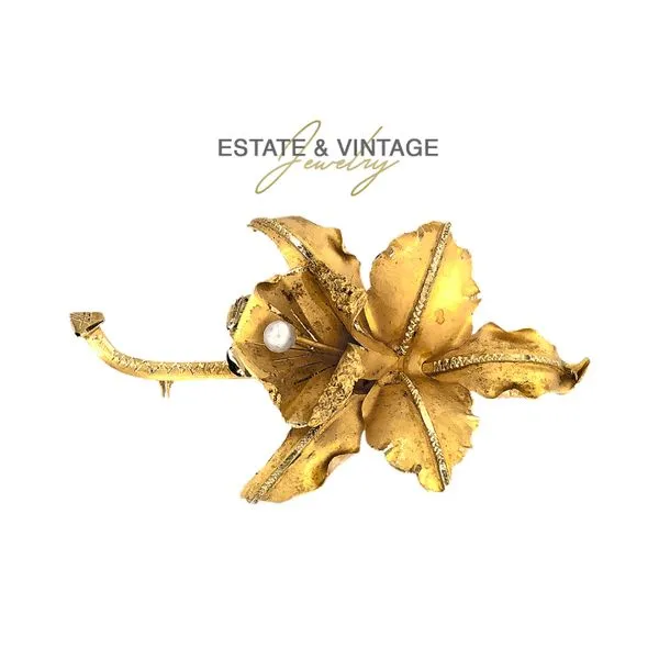 Estate 18K Yellow Gold Vintage Flower Brooch Pin with Pearl Raleigh Diamond Fine Jewelry Raleigh, NC