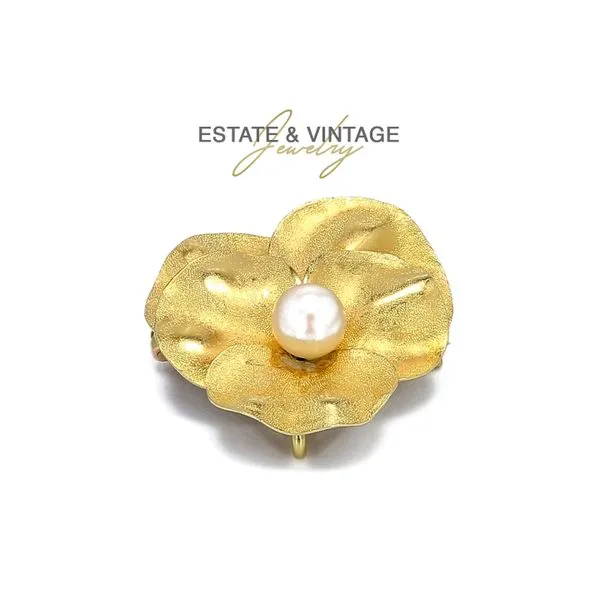 Estate 14K Yellow Gold Lily & Pearl Brooch Pin Raleigh Diamond Fine Jewelry Raleigh, NC