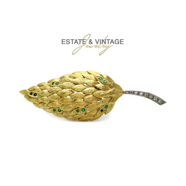 Estate 18K Yellow Gold Leaf Brooch Pin with Emeralds & Diamonds Raleigh Diamond Fine Jewelry Raleigh, NC