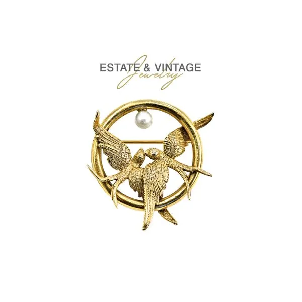 Estate 14K Yellow Gold Love Birds Circle Brooch Pin with Pearl Raleigh Diamond Fine Jewelry Raleigh, NC