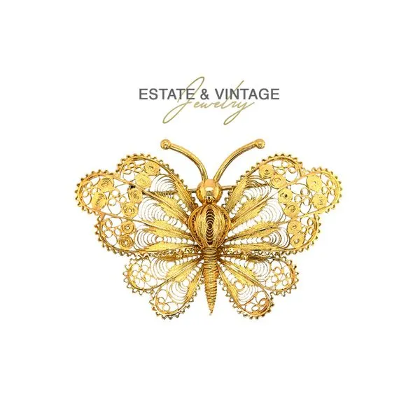 Estate 18K Yellow Gold Large Filigree Butterfly Brooch Pin Raleigh Diamond Fine Jewelry Raleigh, NC