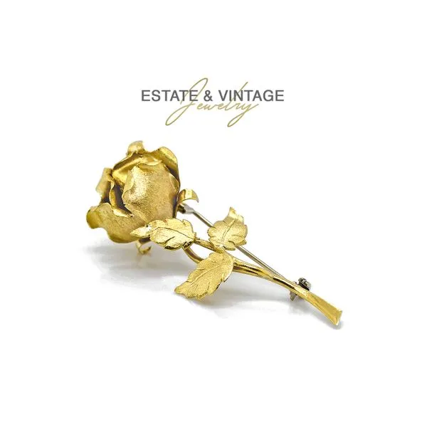 Estate 18K Yellow Gold Long Stem Rose Brooch Pin Raleigh Diamond Fine Jewelry Raleigh, NC