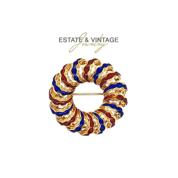 Estate 18K Yellow Gold Wreath Brooch Pin with Red & Blue Enamel - Italy Raleigh Diamond Fine Jewelry Raleigh, NC