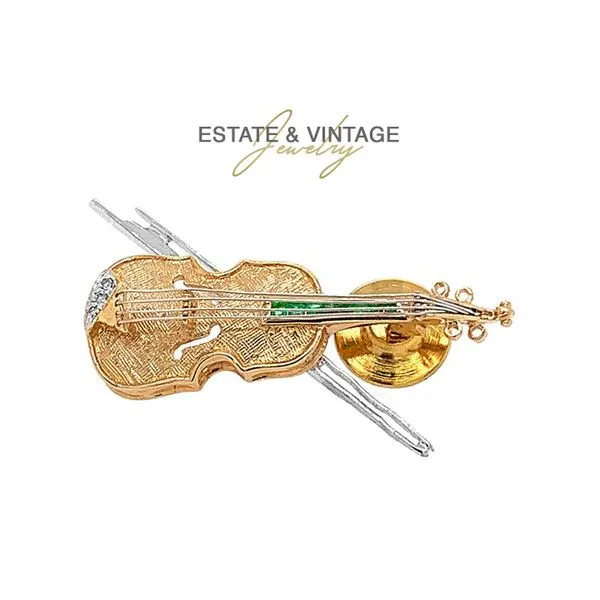 Estate 14K TT Violin with Emeralds and Diamonds Brooch Pin Raleigh Diamond Fine Jewelry Raleigh, NC