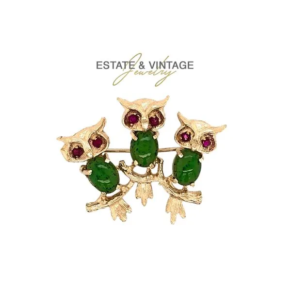 Estate 14K Yellow Gold Three Owls Enameled Brooch Pin Raleigh Diamond Fine Jewelry Raleigh, NC