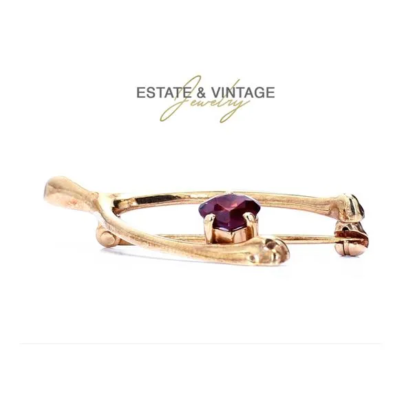 Estate 14K Yellow Gold Red Garnet Wishbone Charm Brooch Raleigh Diamond Fine Jewelry Raleigh, NC