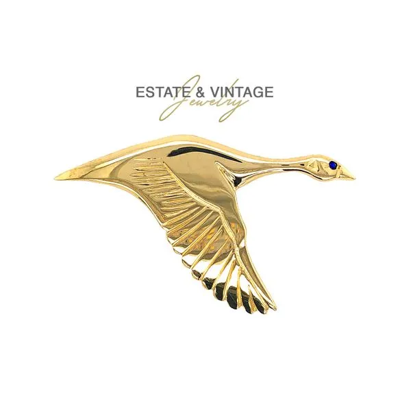Estate 14K Yellow Gold Flying Goose Brooch Pin with Blue Sapphire Accent Raleigh Diamond Fine Jewelry Raleigh, NC