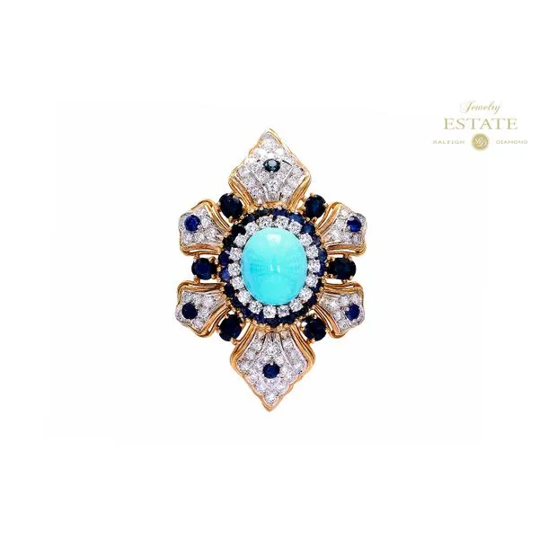 Estate 18K Yellow Gold & Plt Turquoise, Diamond & Sapphire Brooch Raleigh Diamond Fine Jewelry Raleigh, NC