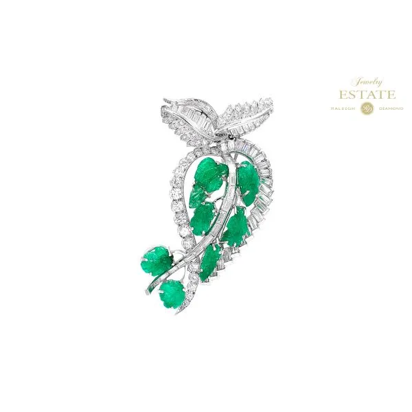 Estate Platinum 3.30ctw H-I/SI1-SI2 Diamonds & Emeralds Carved Leaf Brooch Raleigh Diamond Fine Jewelry Raleigh, NC