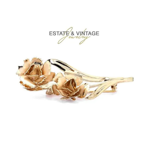 Estate 14K Yellow Gold 2 Roses Bouquet Floral Brooch Pin Raleigh Diamond Fine Jewelry Raleigh, NC