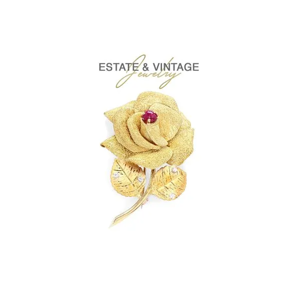 18K Yellow Gold 0.08ctw Diamonds and Ruby Rose Flower Brooch Raleigh Diamond Fine Jewelry Raleigh, NC