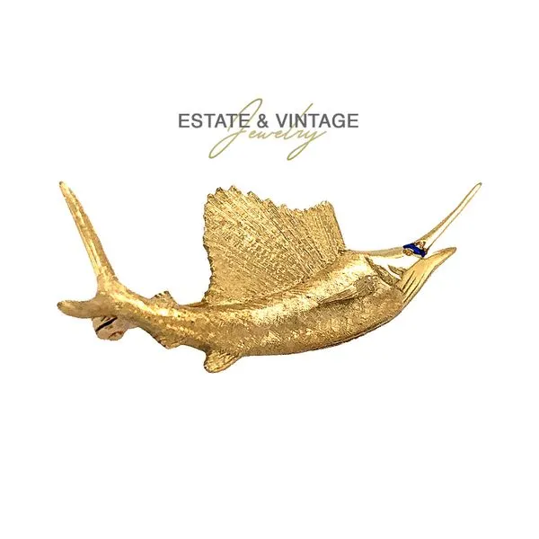 Estate 18K Yellow Gold Swordfish Brooch Pin with Blue Sapphire Accent Raleigh Diamond Fine Jewelry Raleigh, NC