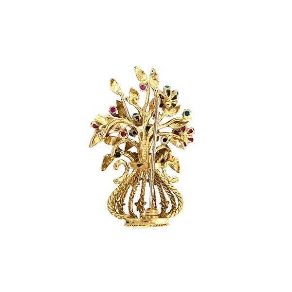 Estate 18K Yellow Gold Flower Vase Brooch Pin wih Ruby Diamond & Turquoise Image 2 Raleigh Diamond Fine Jewelry Raleigh, NC