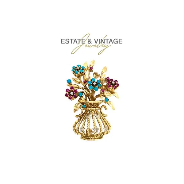 Estate 18K Yellow Gold Flower Vase Brooch Pin wih Ruby Diamond & Turquoise Raleigh Diamond Fine Jewelry Raleigh, NC