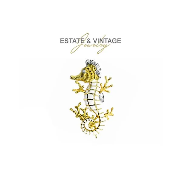 Estate 18K Yellow Gold Seahorse Pin with Diamonds & Enamel Brooch Raleigh Diamond Fine Jewelry Raleigh, NC