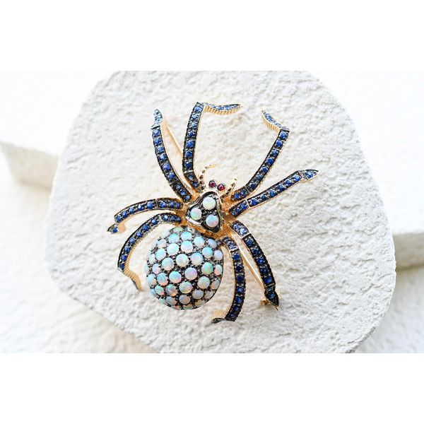 14K Yellow Gold ~4.20ctw Sapphire ~2.70ctw Opal .04ctw Ruby Spider Brooch Raleigh Diamond Fine Jewelry Raleigh, NC