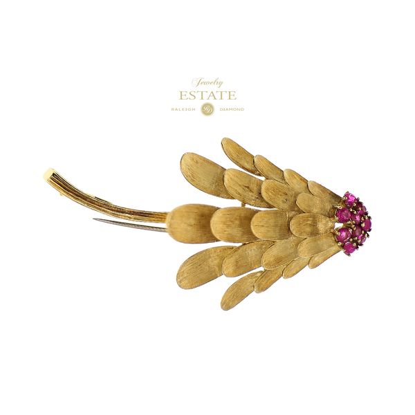 Estate 18K Yellow Gold 0.20ctw Ruby Flower Pin Brooch Raleigh Diamond Fine Jewelry Raleigh, NC