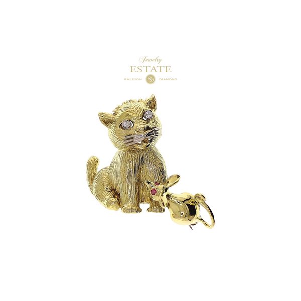 Estate 18K Yellow Gold Cat & Mouse Diamond Eye Cat and Ruby Eye Mouse Pin Brooch Raleigh Diamond Fine Jewelry Raleigh, NC