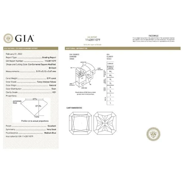 Natural Diamond 0.91ct Square Modified Fancy Intense Yellow/VS1 GIA Certified Image 2 Raleigh Diamond Fine Jewelry Raleigh, NC