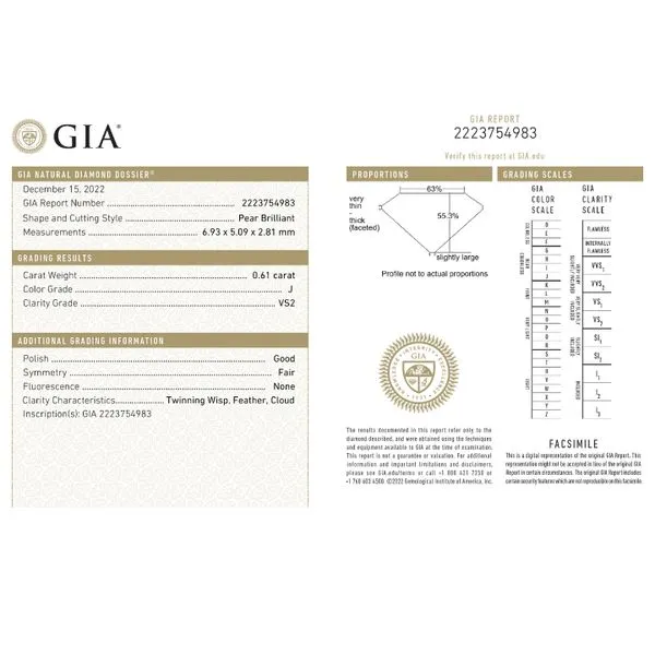 Natural Diamond 0.61ct J/VS2 Pear GIA Certified Raleigh Diamond Fine Jewelry Raleigh, NC