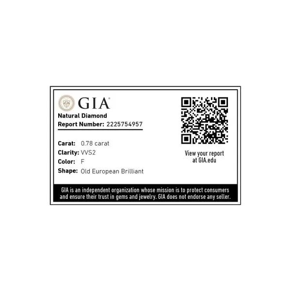 Natural Diamond 0.78ct F/VVS2 Old European GIA Certified Raleigh Diamond Fine Jewelry Raleigh, NC