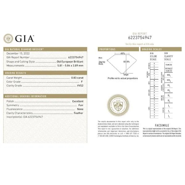Natural Diamond 0.83ct Old European F/VVS2 - GIA Certified Image 2 Raleigh Diamond Fine Jewelry Raleigh, NC