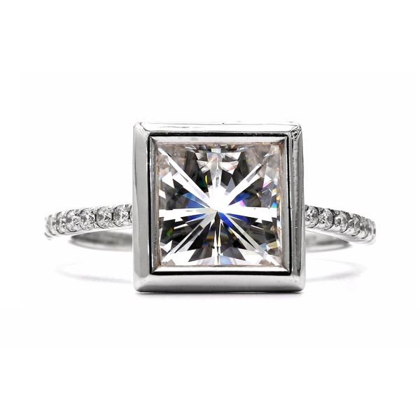 14K White Gold 0.20ctw Bezel Moissanite 8.0mm Princess and Lab Grown Diamonds Raleigh Diamond Fine Jewelry Raleigh, NC