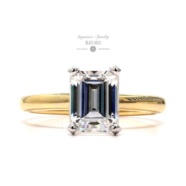 RD365 Signature 18K Yellow Gold & 14K White Gold Moissanite Solitaire Emerald Cut DEF 8x6mm Forever One 2.5mm Raleigh Diamond Fine Jewelry Raleigh, NC
