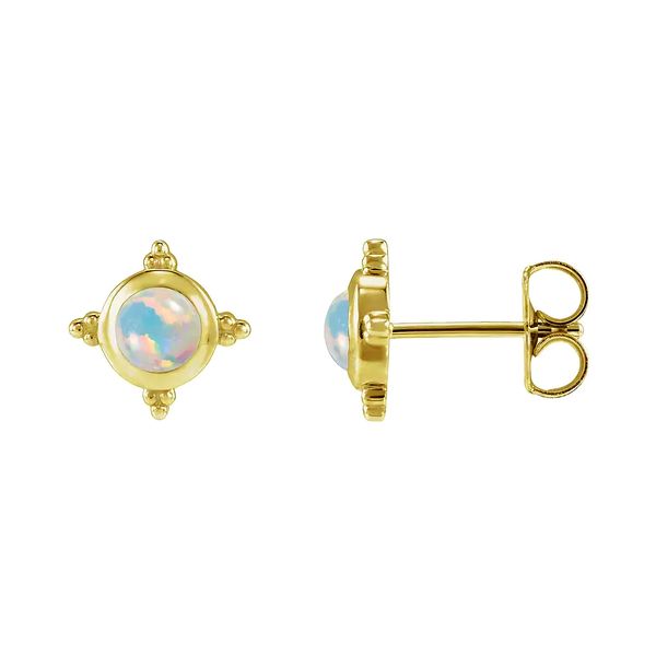 14K Yellow Gold Lab-Grown 4mm White Opal Cabochon Stud Earrings Raleigh Diamond Fine Jewelry Raleigh, NC