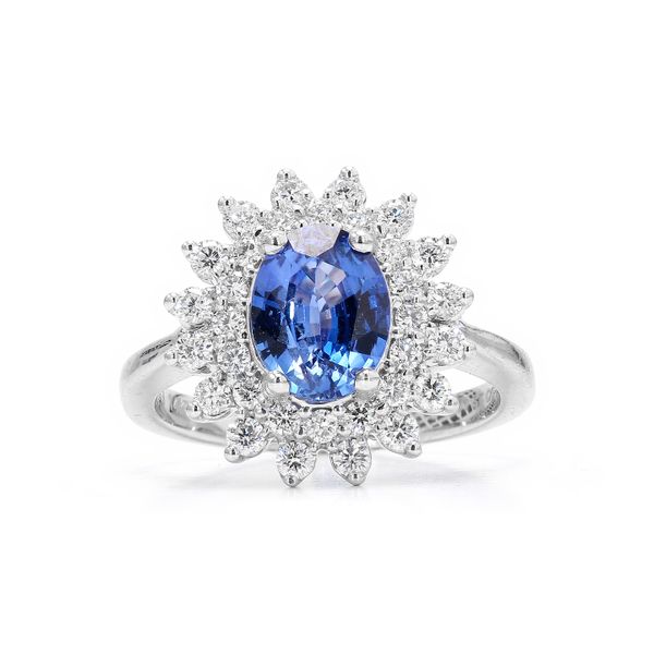 14K White Gold 1.96ctw Double Diamond Halo Oval Blue Sapphire Ring Raleigh Diamond Fine Jewelry Raleigh, NC