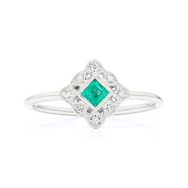 14K White Gold Kite Set Emerald and Diamond Filigree Ring Raleigh Diamond Fine Jewelry Raleigh, NC