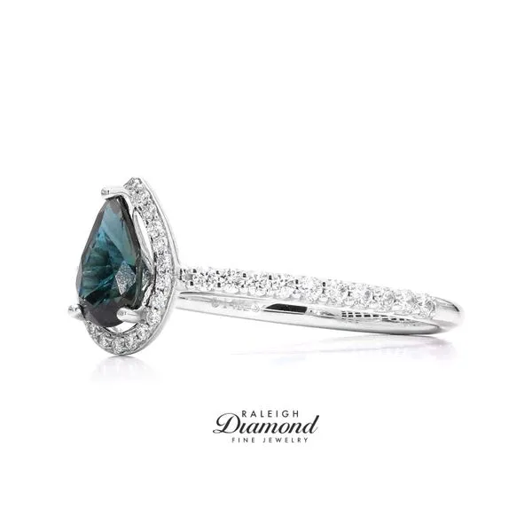 14K White Gold Diamond Halo Pear Blue Sapphire Ring Image 2 Raleigh Diamond Fine Jewelry Raleigh, NC