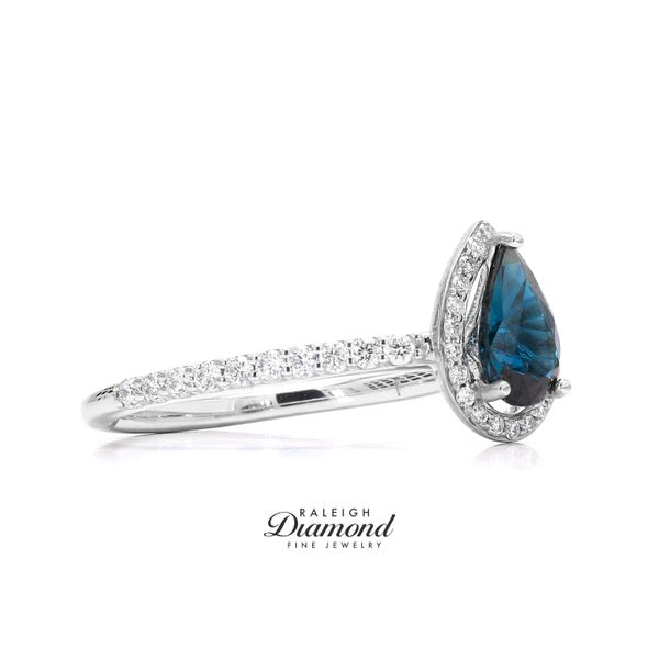 14K White Gold Diamond Halo Pear Blue Sapphire Ring Image 3 Raleigh Diamond Fine Jewelry Raleigh, NC