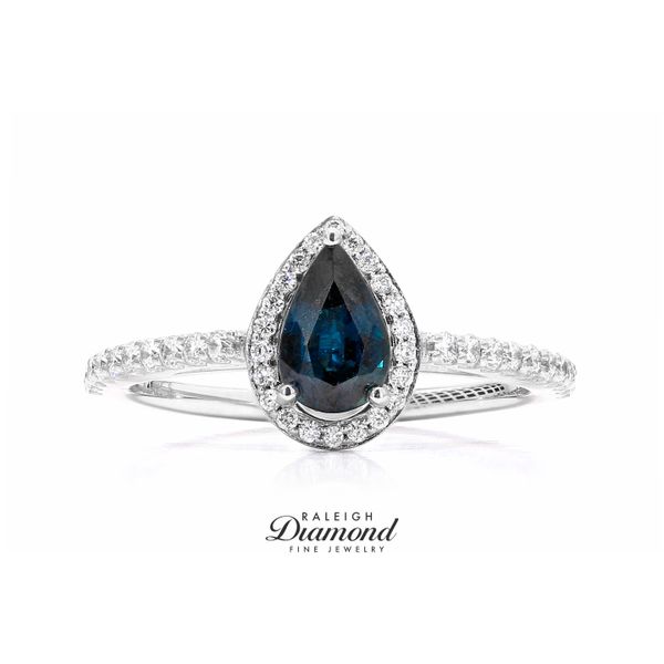 14K White Gold Diamond Halo Pear Blue Sapphire Ring Raleigh Diamond Fine Jewelry Raleigh, NC