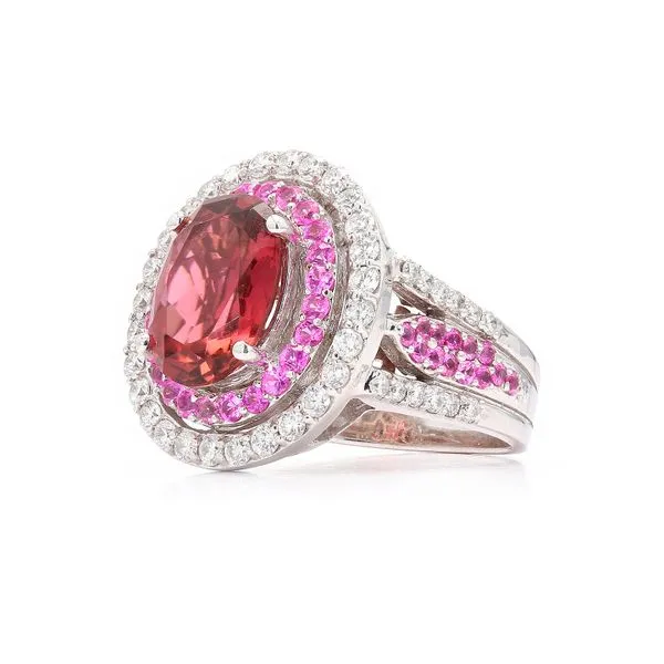 14K White Gold Diamond Halo Oval Rubellite & Pink Sapphire Ring Image 2 Raleigh Diamond Fine Jewelry Raleigh, NC