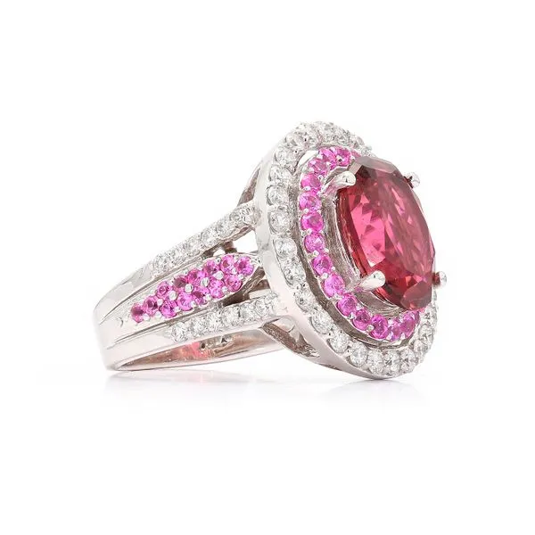 14K White Gold Diamond Halo Oval Rubellite & Pink Sapphire Ring Image 3 Raleigh Diamond Fine Jewelry Raleigh, NC