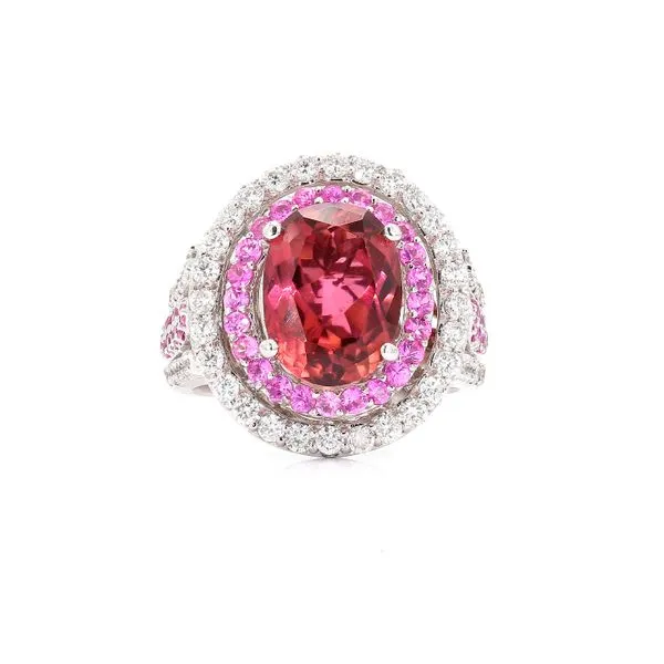 14K White Gold Diamond Halo Oval Rubellite & Pink Sapphire Ring Raleigh Diamond Fine Jewelry Raleigh, NC