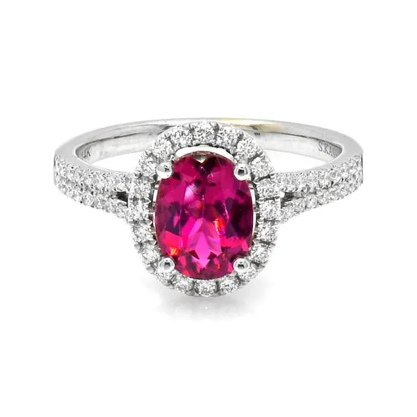 14K White Gold 1.65ctw Diamond Halo Rubellite Tourmaline Ring Raleigh Diamond Fine Jewelry Raleigh, NC