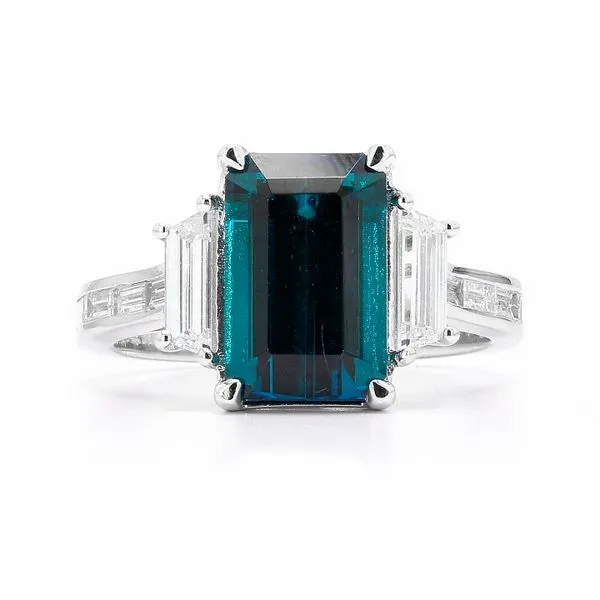 14K White Gold 3.87ctw Blue Tourmaline with Diamond Trapezoids Ring Size 6.5 Raleigh Diamond Fine Jewelry Raleigh, NC