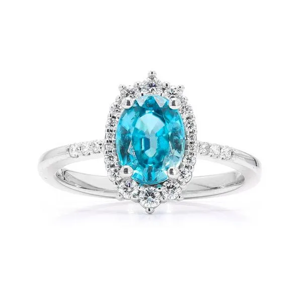 14K White Gold Diamond Halo Blue Zircon Ring Raleigh Diamond Fine Jewelry Raleigh, NC