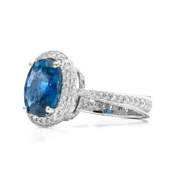 18K White Gold 5.83ctw Diamond Halo Blue Sapphire Ring Size 6.25 Image 2 Raleigh Diamond Fine Jewelry Raleigh, NC