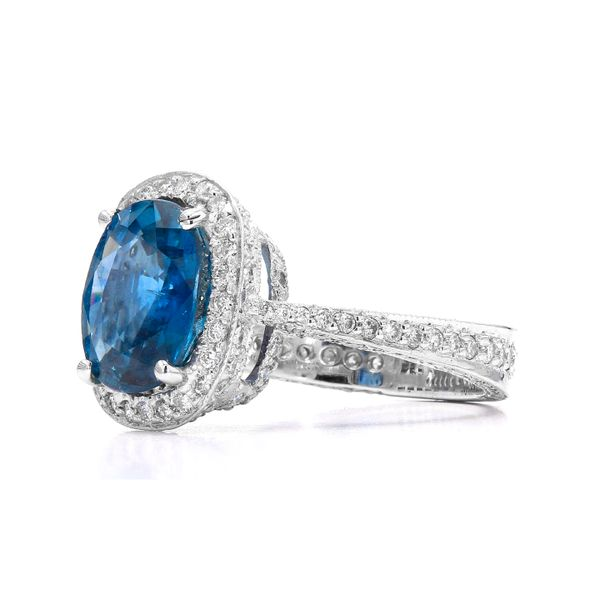 18K White Gold 5.83ctw Diamond Halo Blue Sapphire Ring Image 2 Raleigh Diamond Fine Jewelry Raleigh, NC