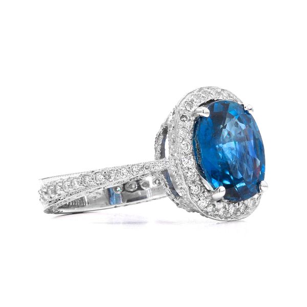 18K White Gold Diamond Halo Blue Sapphire Ring Image 3 Raleigh Diamond Fine Jewelry Raleigh, NC