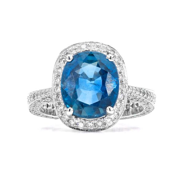 18K White Gold 5.83ctw Diamond Halo Blue Sapphire Ring Raleigh Diamond Fine Jewelry Raleigh, NC