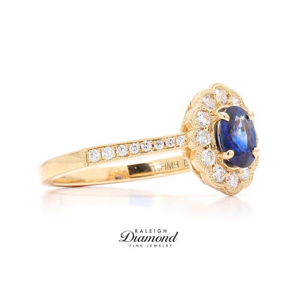 14K Yellow Gold Oval Sapphire & Diamond Halo Ring Image 3 Raleigh Diamond Fine Jewelry Raleigh, NC