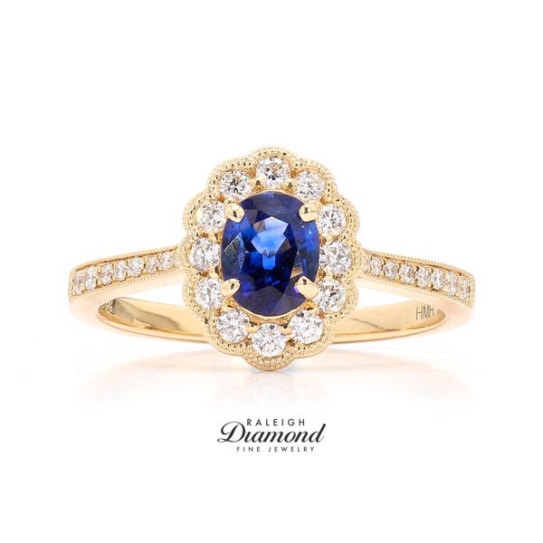 14K Yellow Gold Oval Sapphire & Diamond Halo Ring Raleigh Diamond Fine Jewelry Raleigh, NC