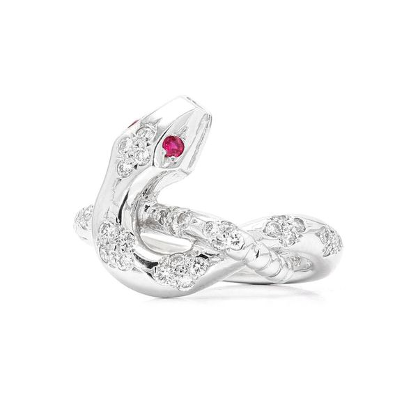 14K White Gold Diamond & Ruby Snake Design Ring - Size 6.5 Image 2 Raleigh Diamond Fine Jewelry Raleigh, NC