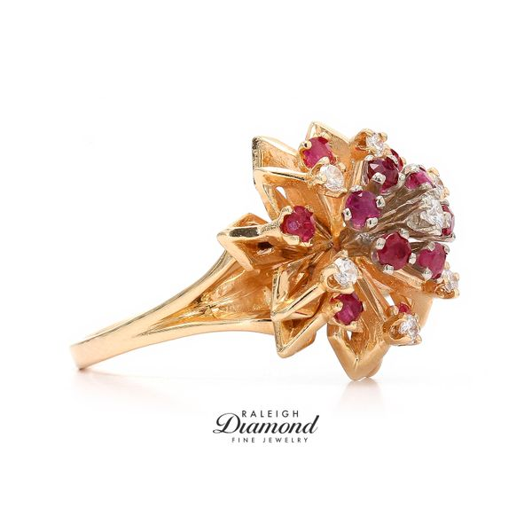 Estate 14K Yellow Gold Ruby & Diamond Cluster Ring Size 6.5 Image 3 Raleigh Diamond Fine Jewelry Raleigh, NC
