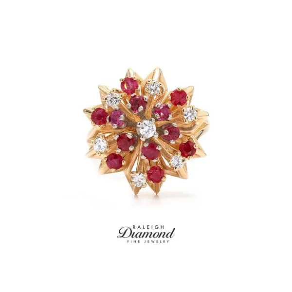 Estate 14K Yellow Gold Ruby & Diamond Cluster Ring Size 6.5 Raleigh Diamond Fine Jewelry Raleigh, NC