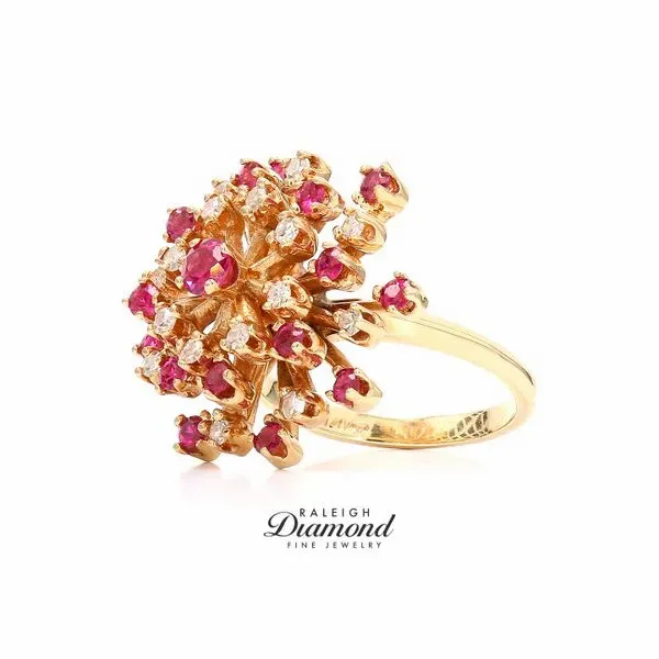 Estate 14K Yellow Gold Ruby & Diamond Flower Ring Image 2 Raleigh Diamond Fine Jewelry Raleigh, NC